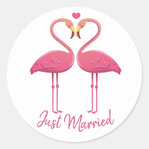 Just Married Pink Flamingo Tropical Beach Wedding Classic Round Sticker