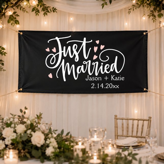 Just Married pink hearts script names Wedding Day Banner (Creator Uploaded)