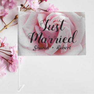 Just Married Pink Rose Wedding Newlyweds Car Flag