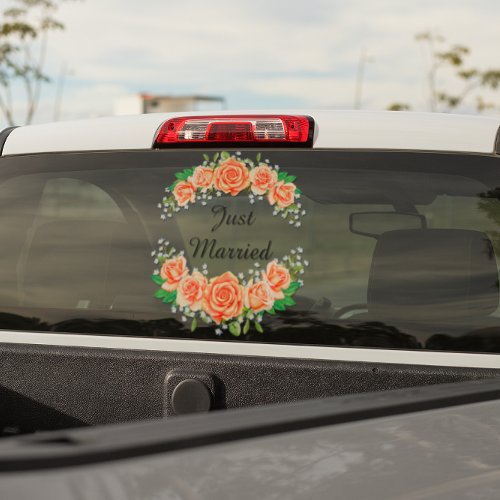 Just Married Pink Roses Babys Breath Window Cling