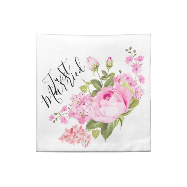 Just Married Pink Roses Cloth Napkin (Quarter Fold)