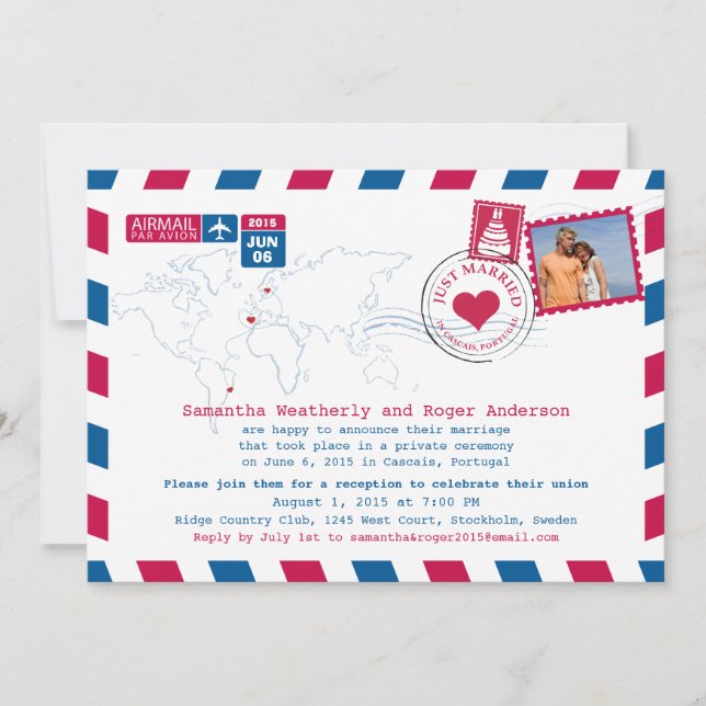 Just Married | Portugal Airmail Post Reception Invitation (Front)