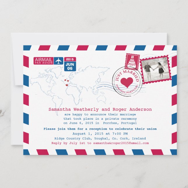 Just Married | Portugal Airmail Post Reception Invitation (Front)