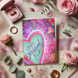 Just Married Pretty Heart Floral Wedding Purple Card