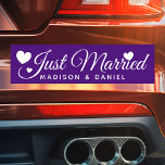 Just Married Purple Personalized Newlywed Wedding Car Magnet<br><div class="desc">Just Married Personalized Name Newlywed Wedding Car Magnet. Personalize this custom design with the names of the bride and groom or with your own text.</div>