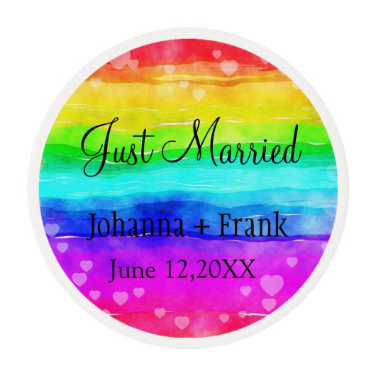 Just Married Rainbow Colors Edible Frosting Rounds (Front)