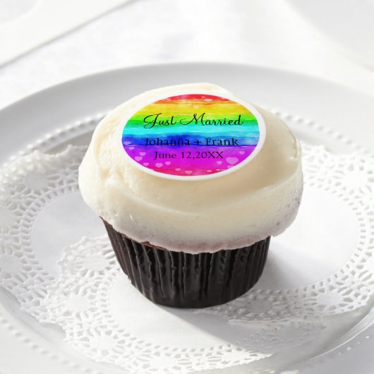 Just Married Rainbow Colors Edible Frosting Rounds (Cupcake)
