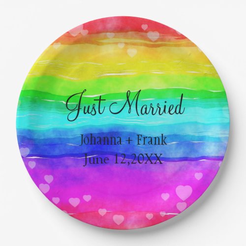 Just Married Rainbow Colors Paper Plates