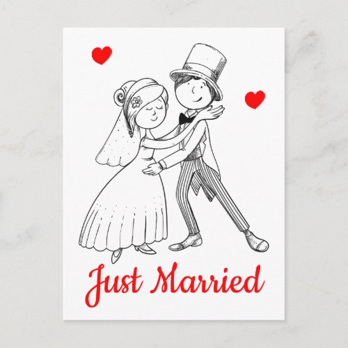 Just Married Red Black Cartoon Bride Groom Wedding Announcement Postcard