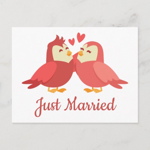 Just Married Red Burgundy Lovebirds Wedding Announcement Postcard