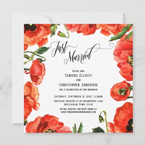 Just Married Red Poppies Wreath Reception_Only Invitation