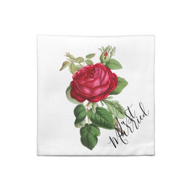 Just Married Red Roses Cloth Napkin (Quarter Fold)