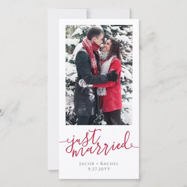 Just Married Red Script Photo Christmas Wedding Announcement (Front)