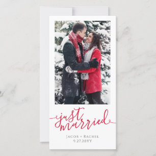 Just Married Red Script Photo Christmas Wedding Announcement