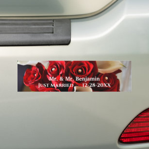 Just Married Red White Flowers Floral Bumper Sticker