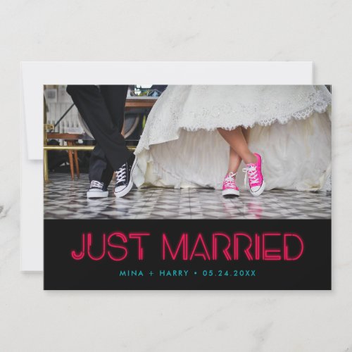 Just married Retro 80s neon lights wedding Announcement