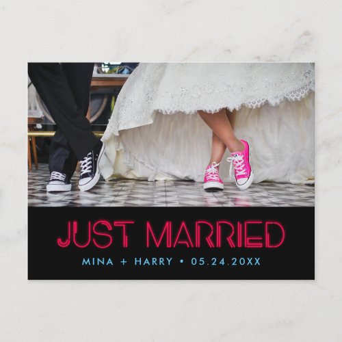 Just married Retro 80s neon lights wedding Postcard