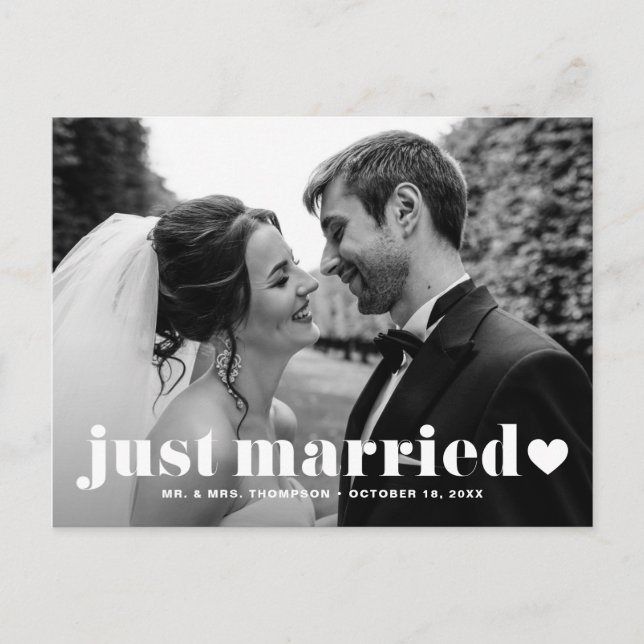 Just Married Retro Bold Typography Photo Overlay Postcard (Front)