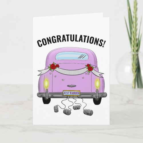 JUST MARRIED RETRO CAR WEDDING GREETING CARD