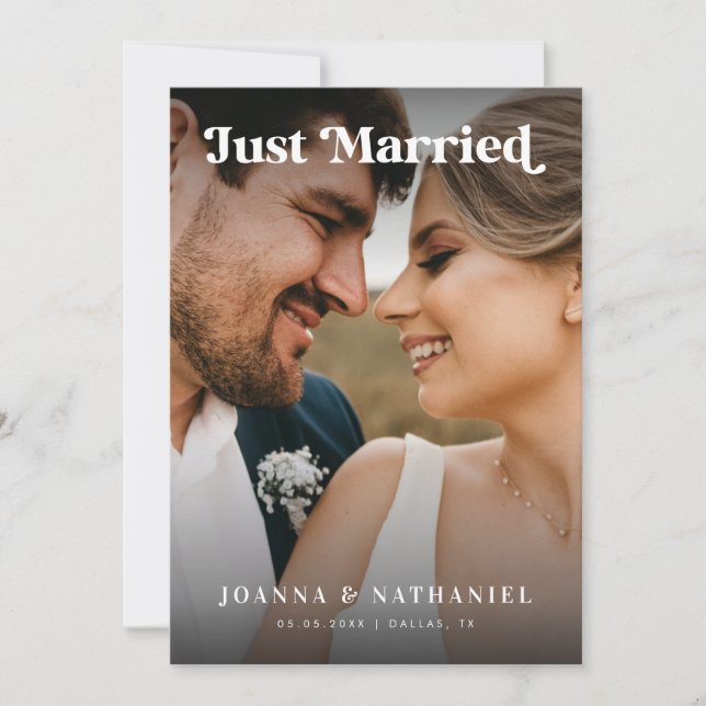 Just Married Retro Script Marriage Announcement (Front)