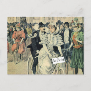Just Married Riding A Bicycle Announcement Postcard