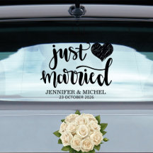 Just Married romantic black script wedding car