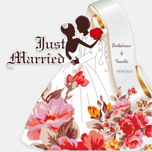 Just Married Romantic Flowers Personalized Wedding Sticker