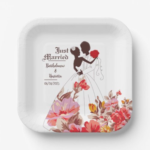 Just Married Romantic Flowers Wedding Paper Plates