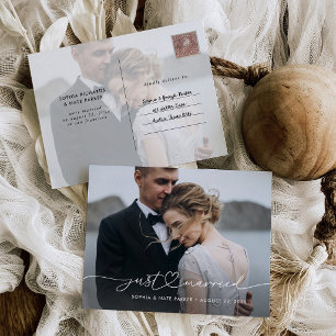Just Married Romantic Script with Heart and Photos Announcement Postcard