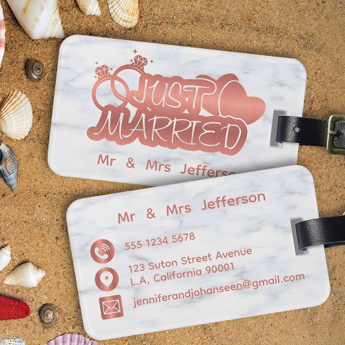 Just Married Rose Gold and White Marble Honeymoon Luggage Tag