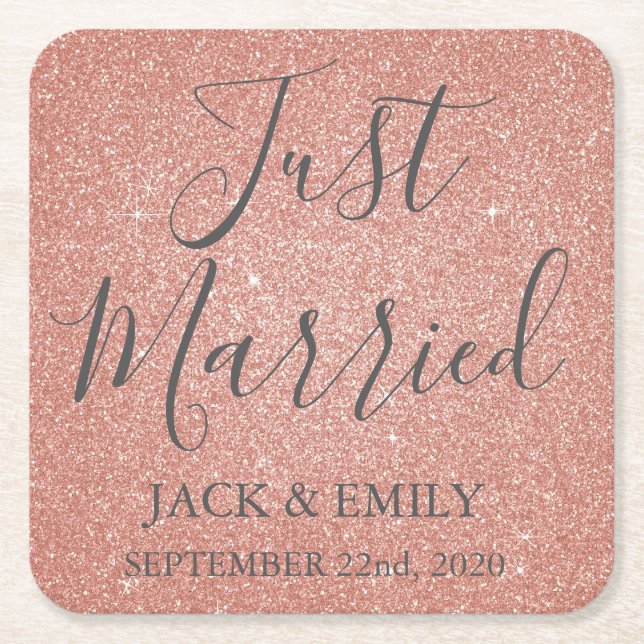 Just Married Rose Gold Blush Pink Coasters (Front)