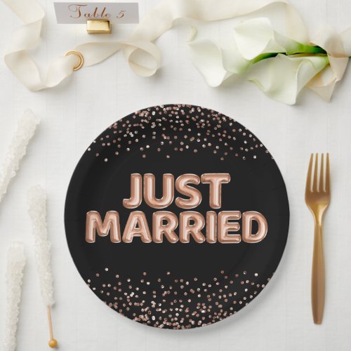 Just Married Rose Gold Wedding Balloons on Black Paper Plates