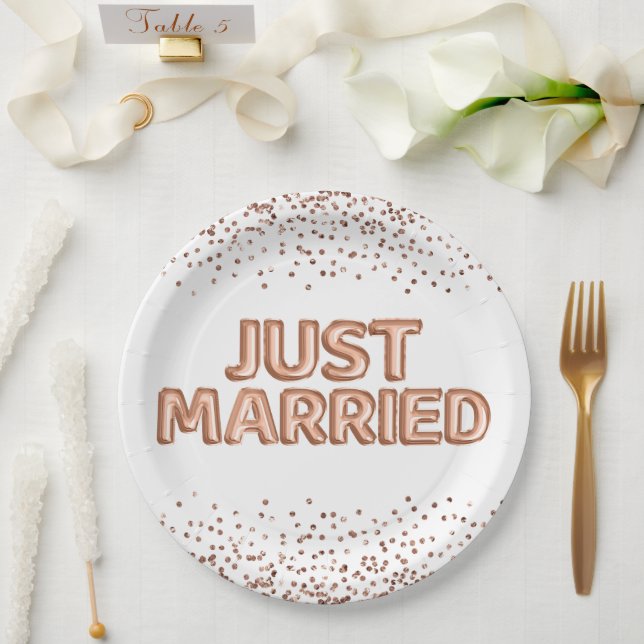 Just Married Rose Gold Wedding Balloons Paper Plates (Wedding)