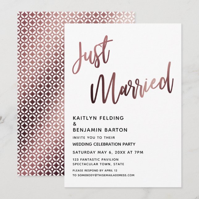 Just Married Rose Gold Wedding Reception Invitation (Front/Back)