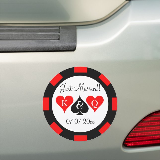 Just Married round poker chip wedding car magnet (In Situ)