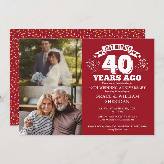 Just Married Ruby 40th Wedding Anniversary 2 Photo Invitation (Front/Back)