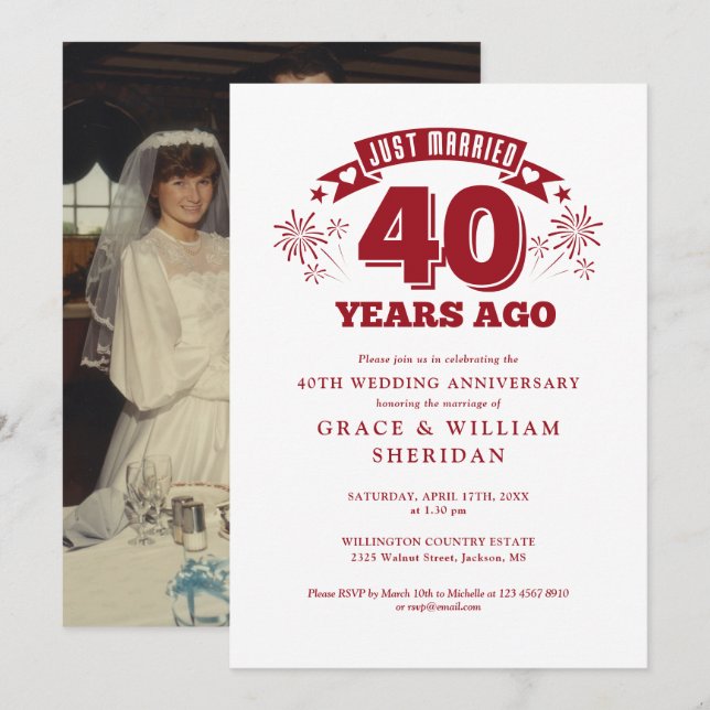 Just Married Ruby 40th Wedding Anniversary Photo Invitation (Front/Back)