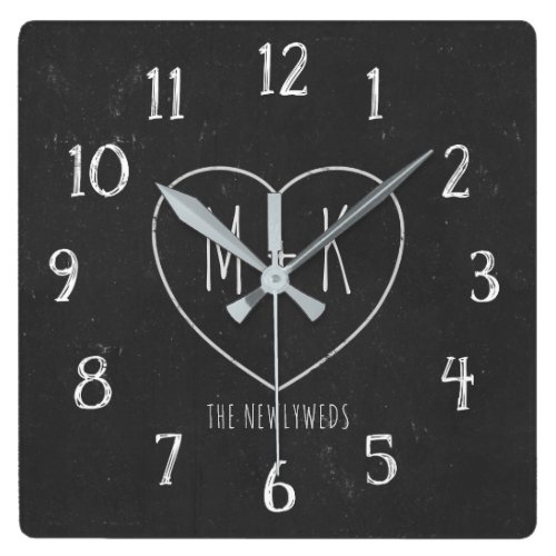 Just Married Rustic Heart Monogram Faux Chalkboard Square Wall Clock