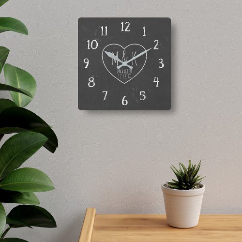 Just Married Rustic Heart Monogram Faux Chalkboard Square Wall Clock