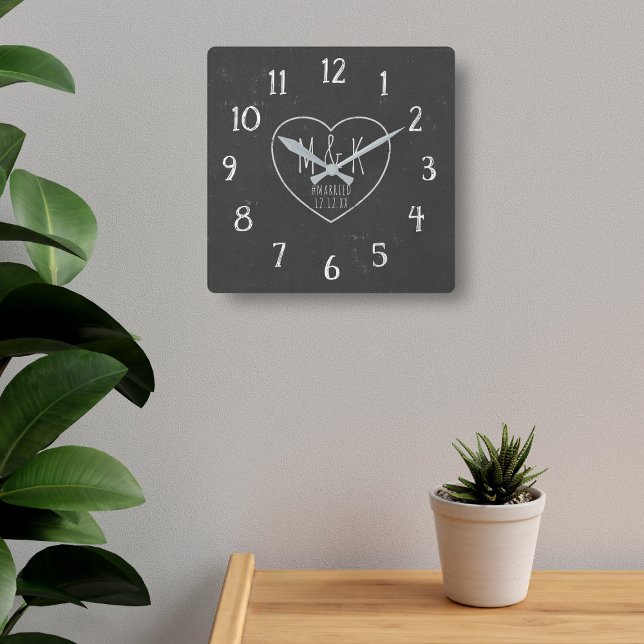 Just Married Rustic Heart Monogram Faux Chalkboard Square Wall Clock (Also available in a square style)