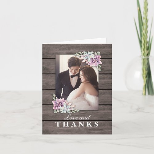 Just Married | Rustic Succulent Wedding Thank You - Country chic wedding thank you cards featuring a rustic wood barn, a photo of the wedding background, a succulent floral corner display and an elegant text template. Click on the "Customize it" button for further personalization of this template. You will be able to modify all text, including the style, colors, and sizes. You will find matching items further down the page if you can't find what you look for please contact me.