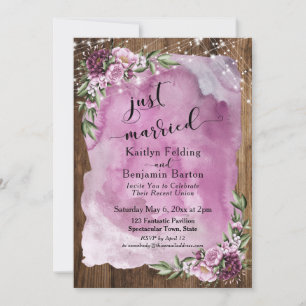 Just Married Rustic Watercolor Floral & Lights Invitation