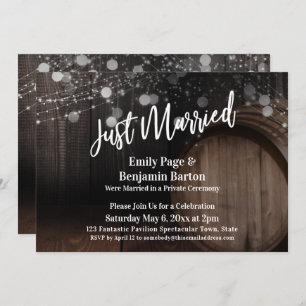 Just Married Rustic Wood Barrel and Lights Invitation