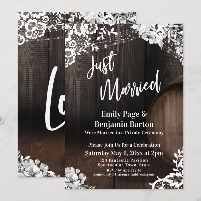 Just Married Rustic Wood Barrel Lights Flowers Invitation (Front/Back)