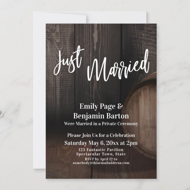 Just Married Rustic Wooden Barrel Reception Invitation (Front)