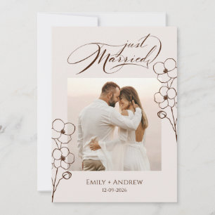 Just Married Sand Beige Calligraphy Floral Photo Announcement