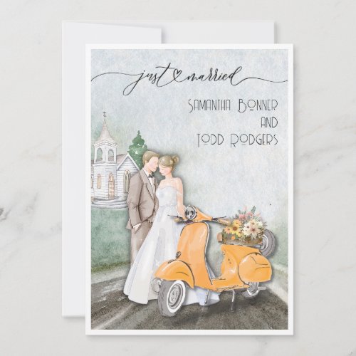 Just Married Scooter Country Church Watercolor Announcement