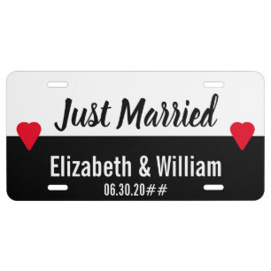 Just Married Script Black White Bride Groom Names License Plate