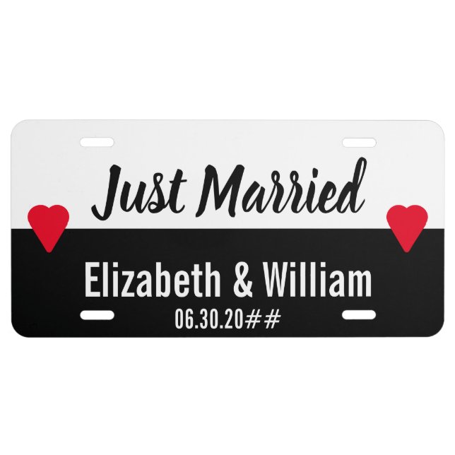 Just Married Script Black White Bride Groom Names License Plate (Front)