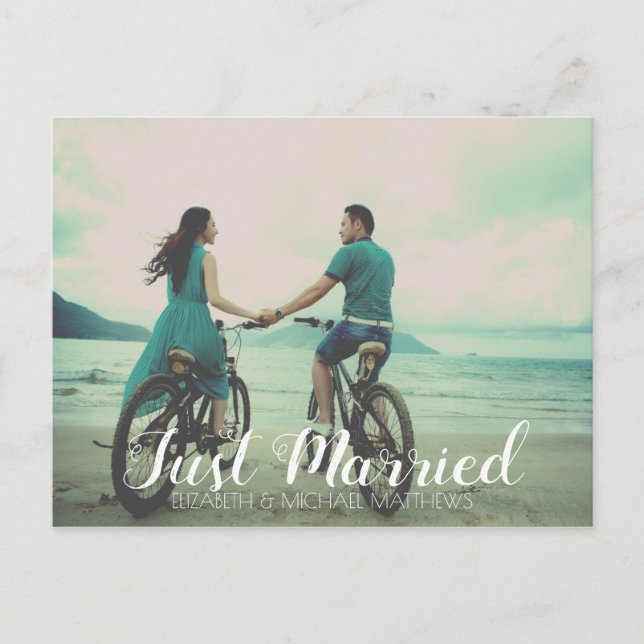 Just married script custom photo wedding thank you announcement postcard (Front)